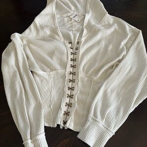 We The Free Cream Ribbed Hoodie with Hook Accents